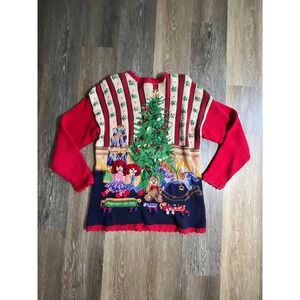 Casual Corner Christmas Sweater Womens Medium Red Vintage Tree Rocking Horse
